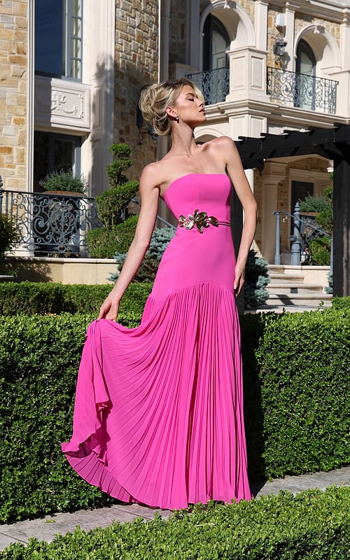 strapless black gown with gold floral waist detail