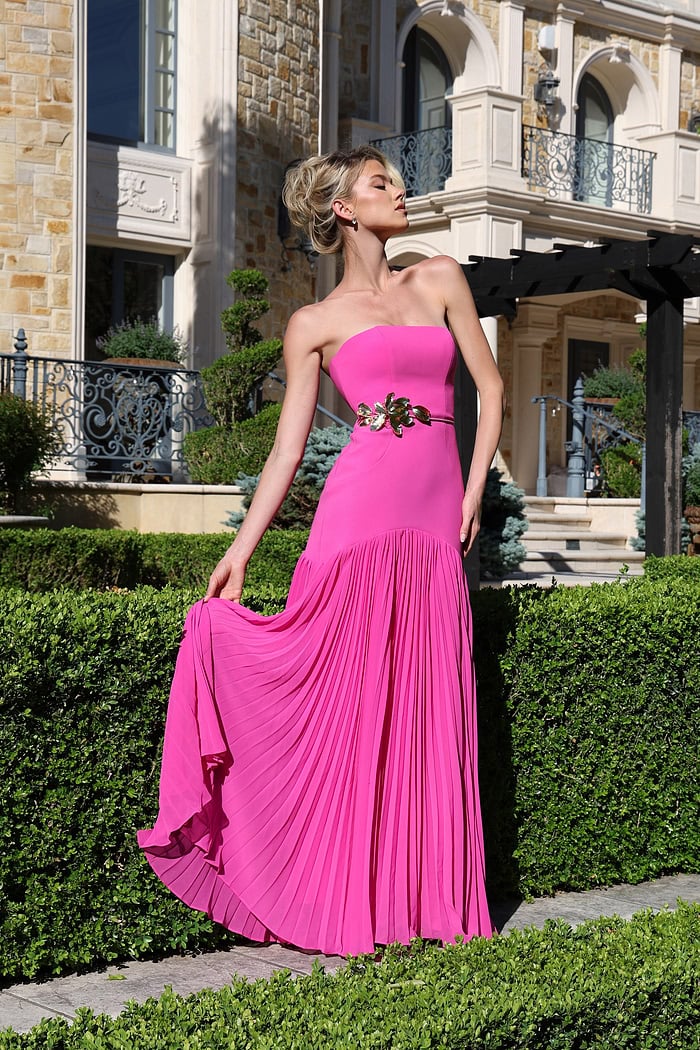 strapless black gown with gold floral waist detail