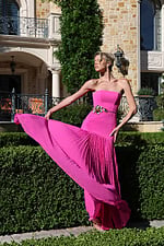 strapless black gown with gold floral waist detail