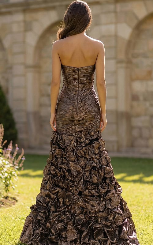 Elegant strapless gown with sculpted bodice and dramatic hem detail