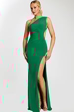 green one shoulder high slit dress 47013