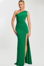green one shoulder high slit dress 47013