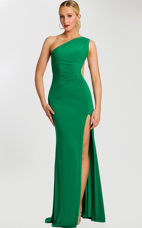 green one shoulder high slit dress 47013