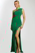 green fitted one shoulder dress with high side slit 47013
