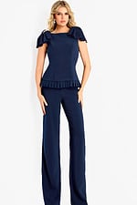 Elegant wide leg pant jumpsuit featuring structured bodice and ruffle detail