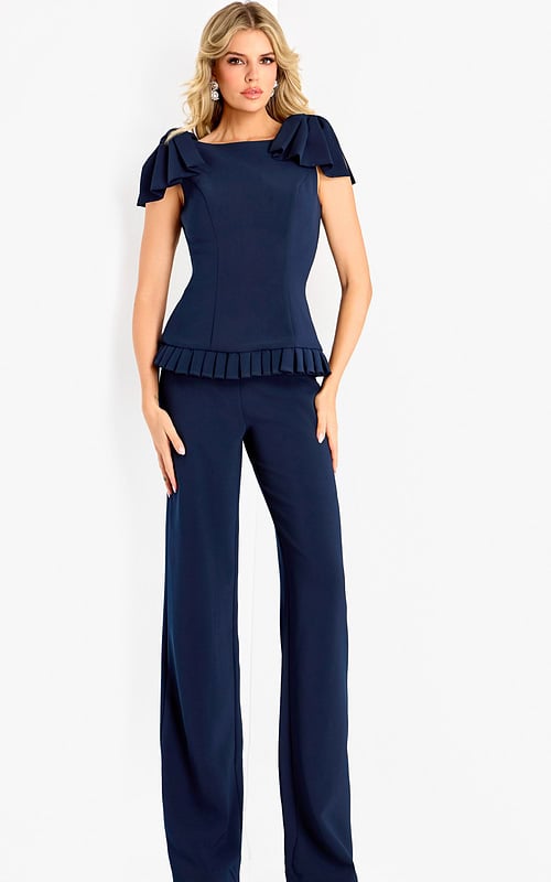 Elegant wide leg pant jumpsuit featuring structured bodice and ruffle detail