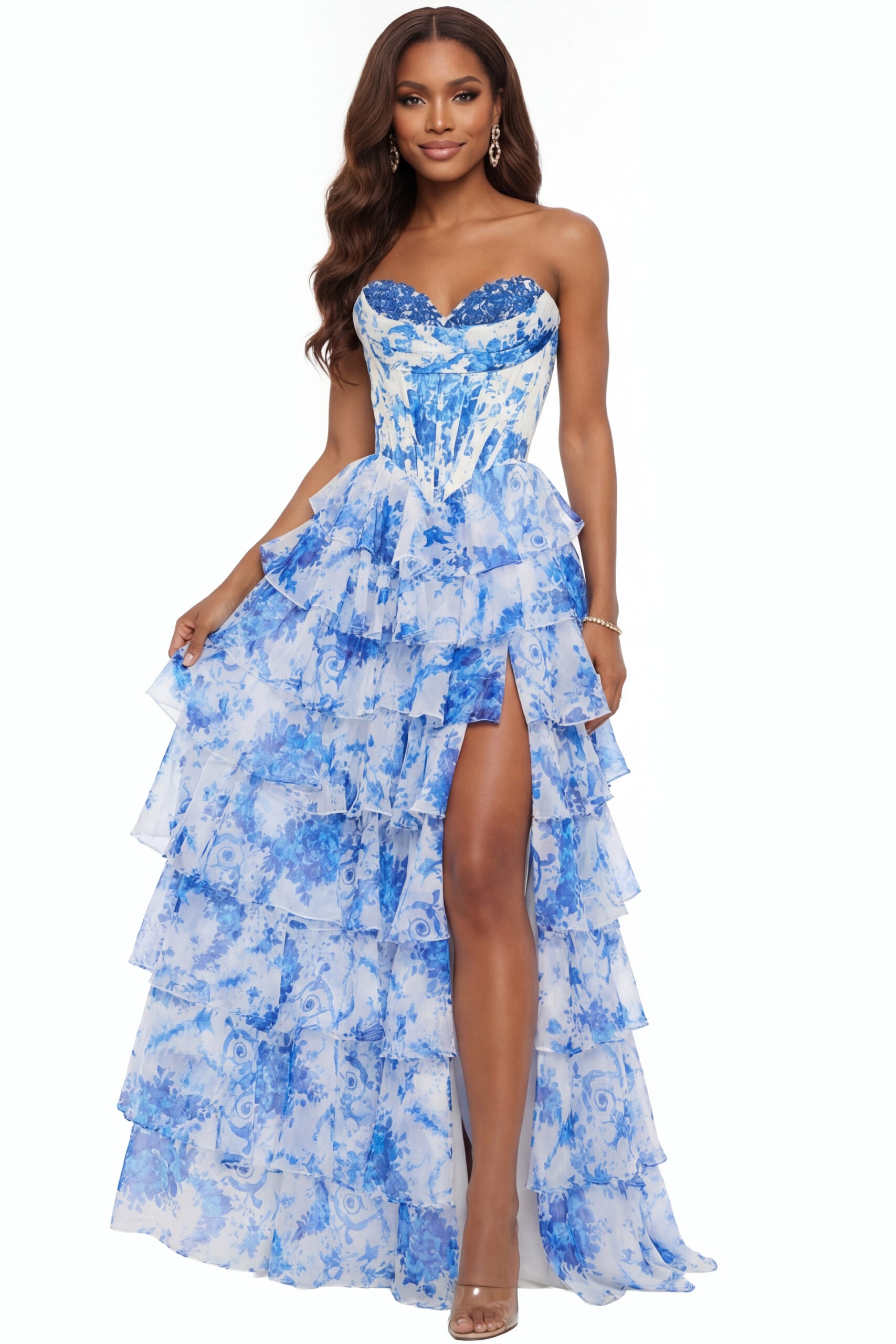 blue multi strapless high slit a line dress 47029