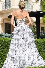 whiteblack strapless floral ball gown with ruffled skirt - back view, blonde updo corset lacing garden