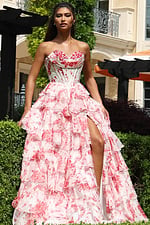 whitered strapless floral ball gown with ruffled skirt - front full body, one leg through slit, holding skirt