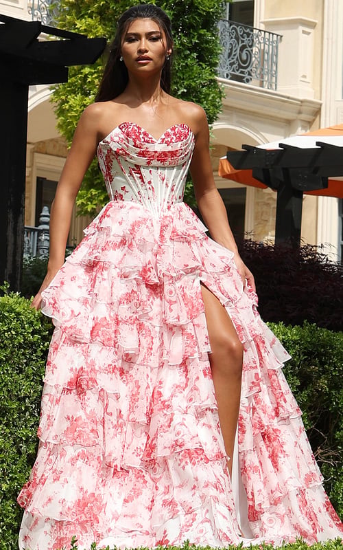 whitered strapless floral ball gown with ruffled skirt - front full body, one leg through slit, holding skirt