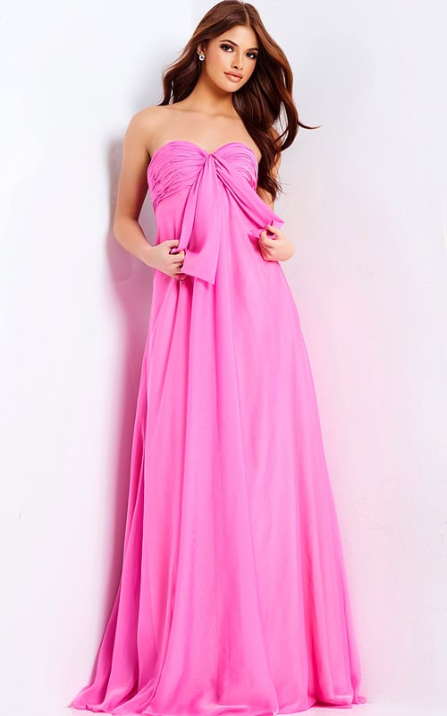 Elegant strapless pink prom gown with front drape and soft chiffon fabric