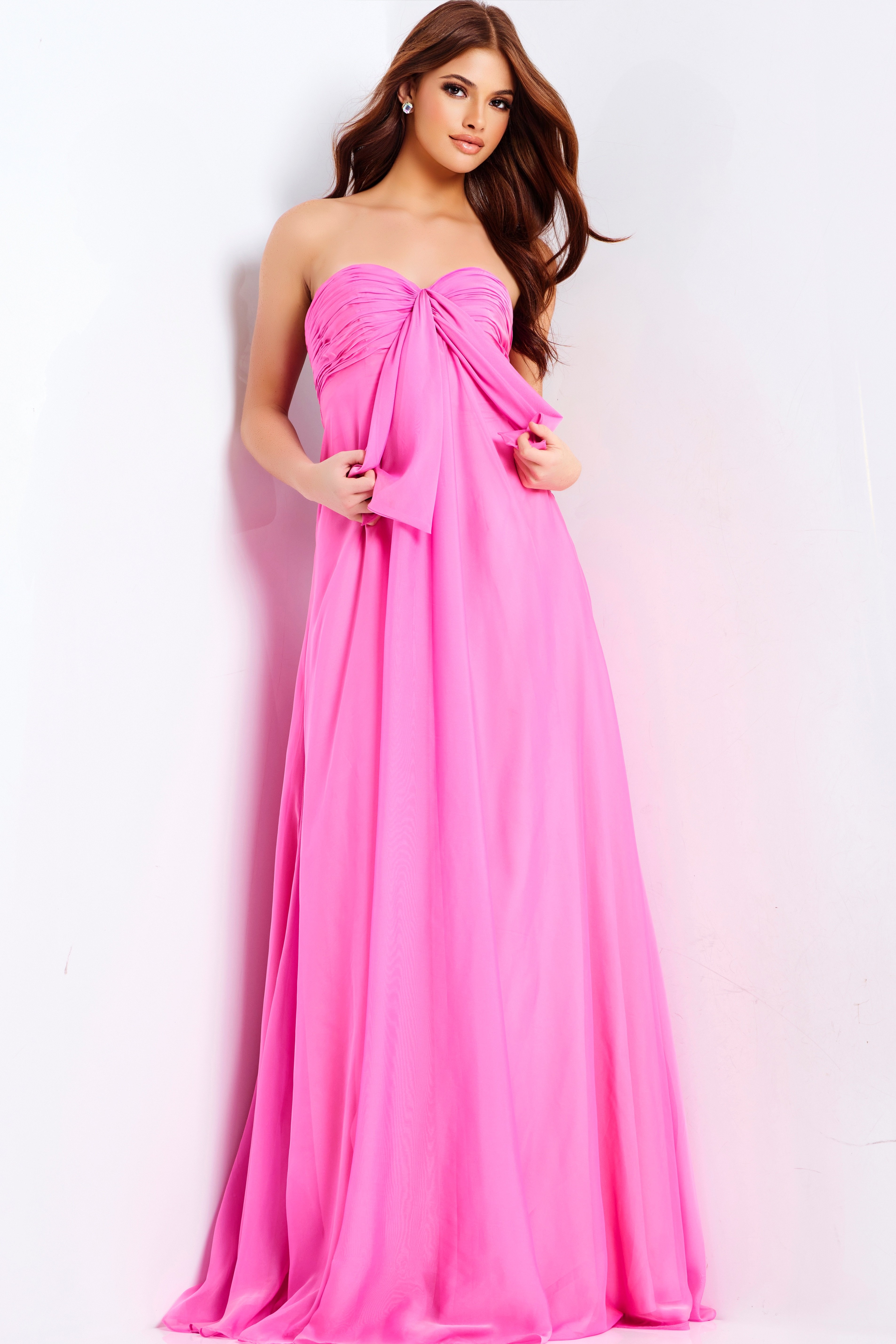 47041-1 Elegant strapless pink prom gown with front drape and soft chiffon fabric