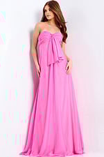 Back view of pink chiffon prom dress with gathered bodice and long train