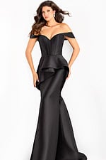 Sophisticated off shoulder satin gown featuring sculpted waist and train
