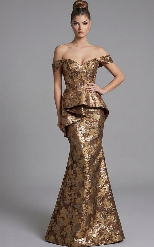 Front view of off shoulder mermaid gown with sculpted bodice, peplum detail, and metallic floral brocade