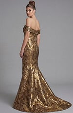 Back view of off shoulder mermaid gown with gold floral brocade fabric and sweeping train