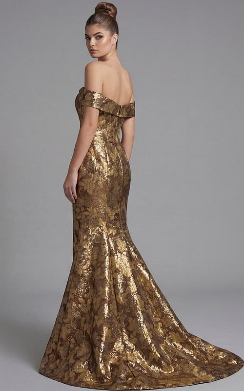 Back view of off shoulder mermaid gown with gold floral brocade fabric and sweeping train