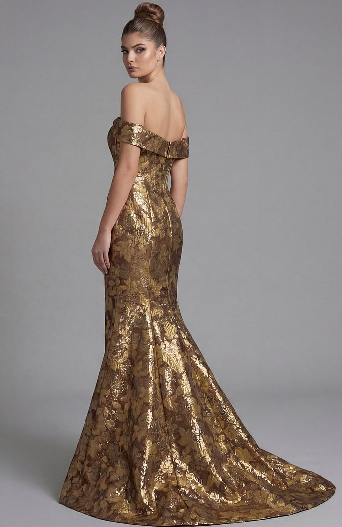 gold brocade dress Gilded Dream Gown Teuta Matoshi The oversized bow at the shoulder adds a chic vibe to this lush design Off Shoulder Gold Floral Brocade
