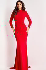 Sophisticated red gown with open back and flowing train