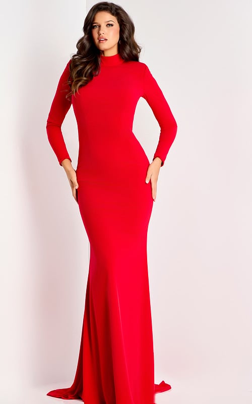 Sophisticated red gown with open back and flowing train