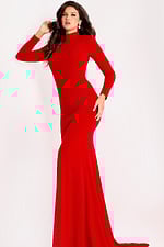 Elegant floor length red dress featuring minimalist design and smooth finish