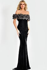 Off-shoulder velvet gown featuring ruffled beaded floral neckline and sleek floor-length silhouette.