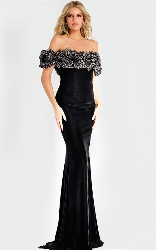 Off-shoulder velvet gown featuring ruffled beaded floral neckline and sleek floor-length silhouette.