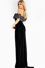 off the shoulder black dress with ruffled neckline