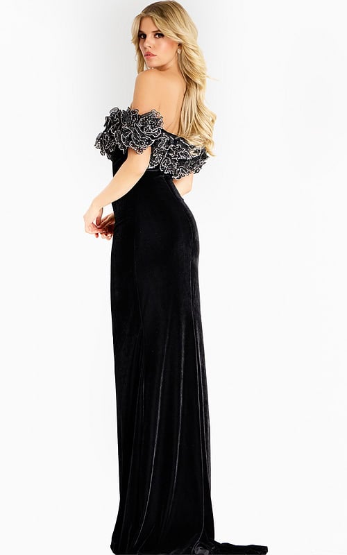 off the shoulder black dress with ruffled neckline