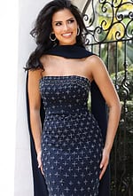 close up view of strapless navy beaded dress 47088