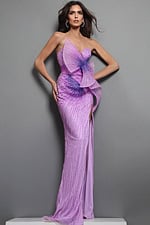lilac purple sheath long dress with strapless sequin ruffle high slit