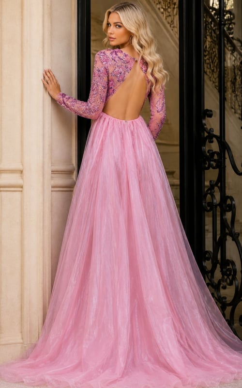 Embellished blush-pink cocktail dress with floral beadwork and a floor-length tulle train.