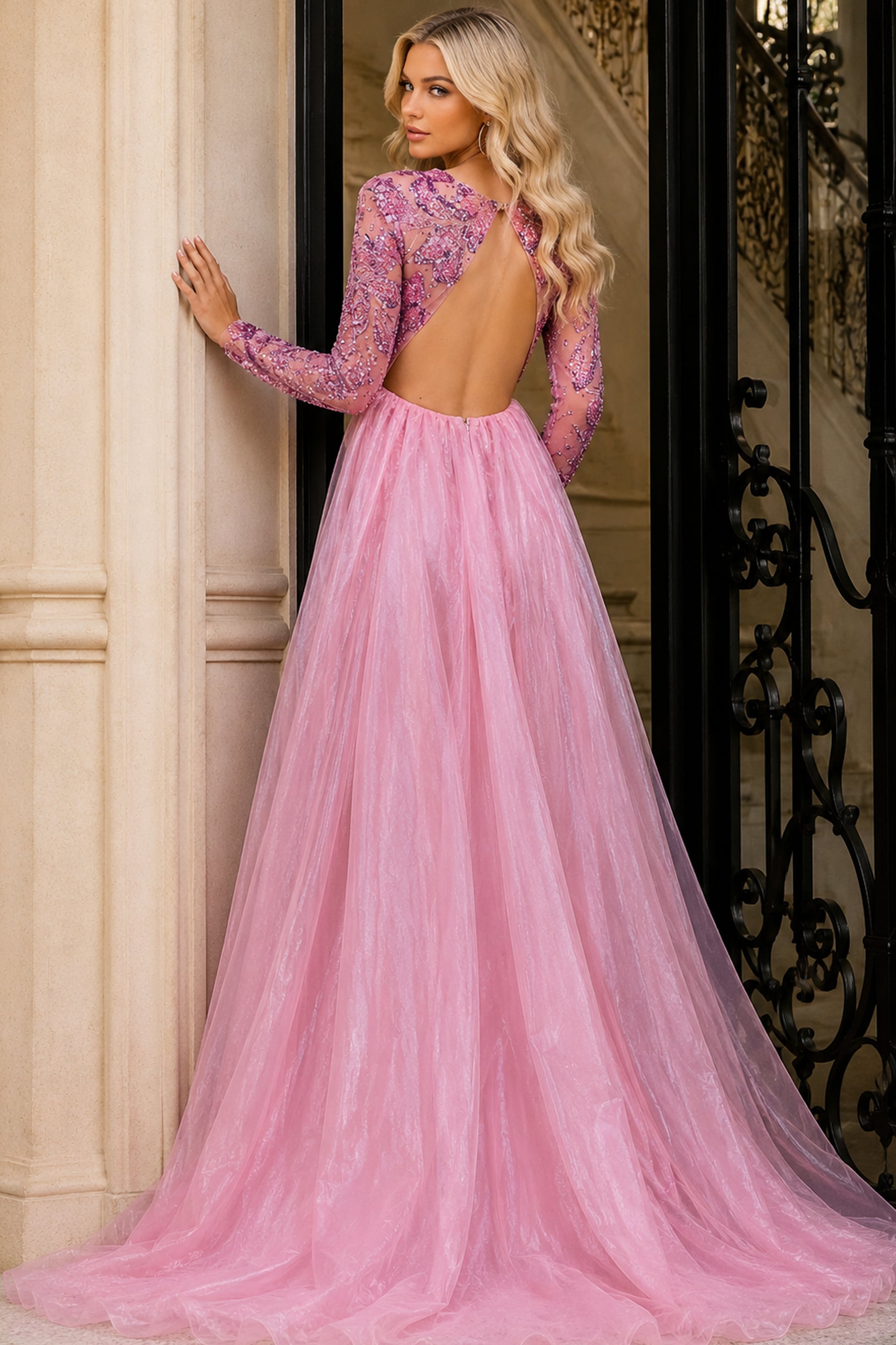 Embellished blush-pink cocktail dress with floral beadwork and a floor-length tulle train.