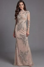 Fitted nude gown with detailed beaded pattern and sheer sleeves