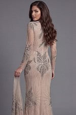 Elegant nude evening gown with intricate beaded embroidery