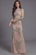 Glamorous embellished evening dress with high neck and fitted silhouette