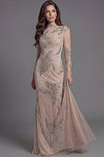 Long sleeve formal gown with sheer mesh and crystal embellishments