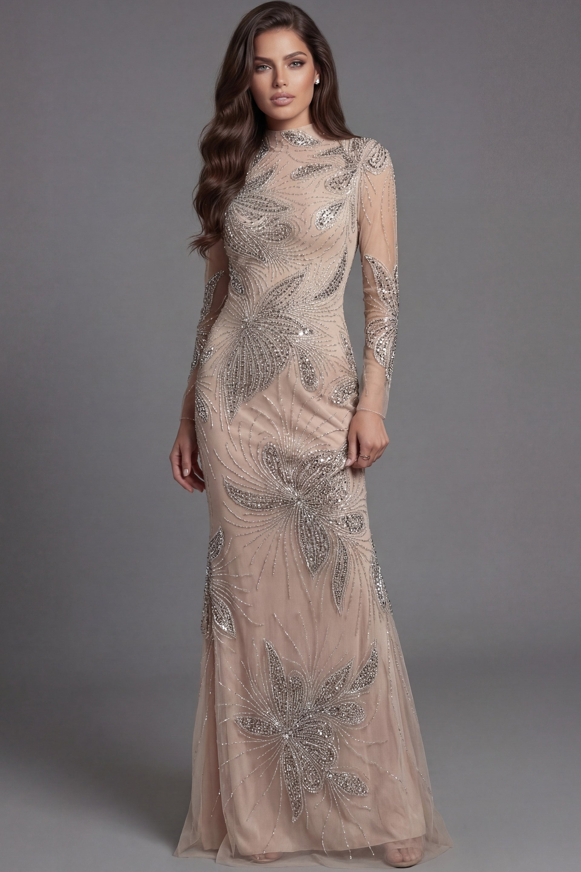 47094 Fitted nude gown with detailed beaded pattern and sheer sleeves