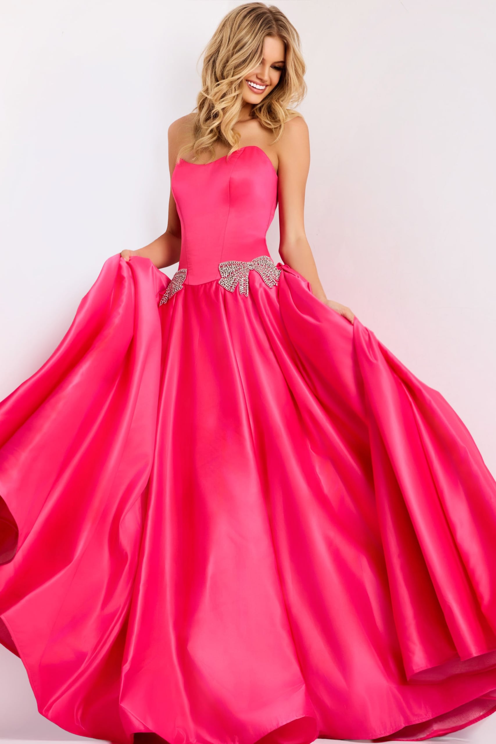 Jovani strapless ball gown with rhinestone bow accents 47096 — Jovani prom dresses 2027 Westchester