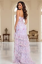 back of layered floral lilac dress corset bodice high slit dress 47101