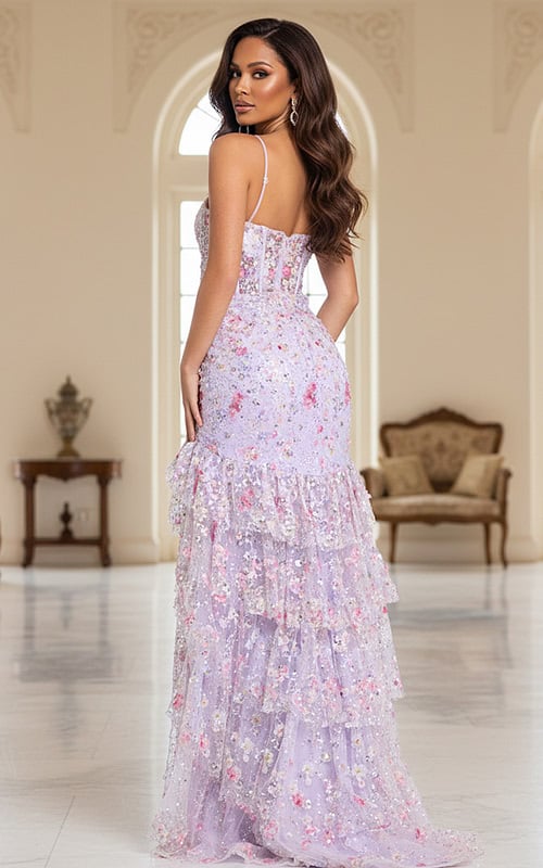 back of layered floral lilac dress corset bodice high slit dress 47101