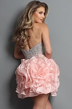 blush pink fit and flare mini dress with strapless sequin bodice rosette skirt
