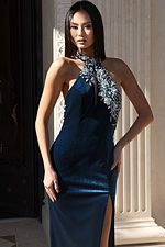 Velvet navy halter dress with sequin embroidery and sleek silhouette