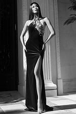 Navy blue evening gown with side slit and embellished bodice