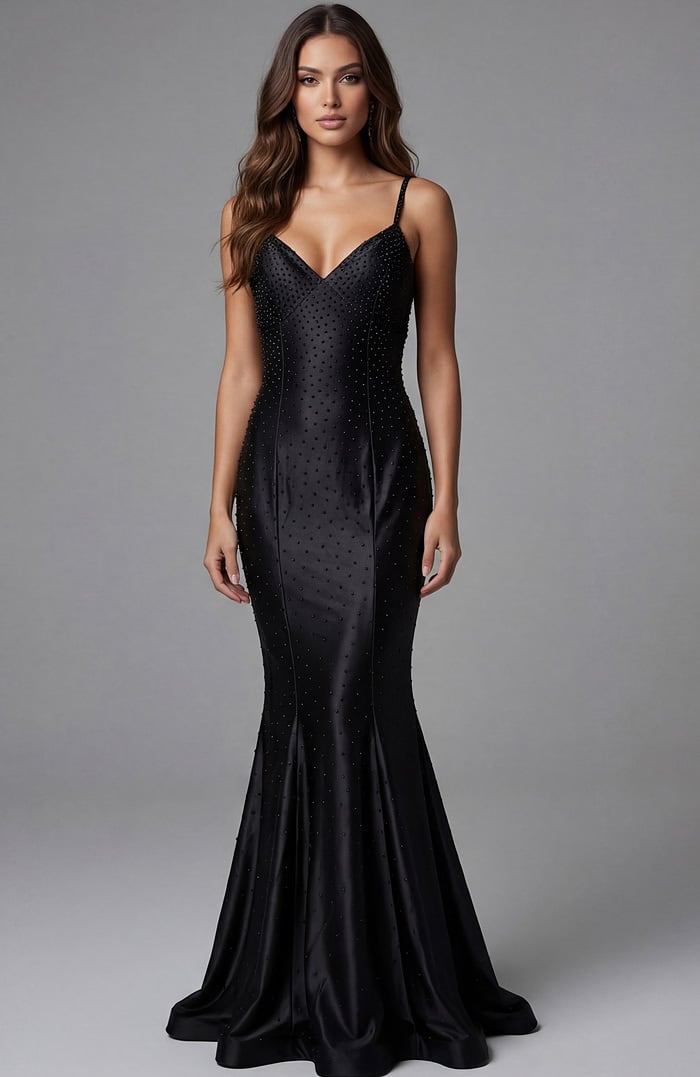 spaghetti strap v neckline mermaid black dress 47151
