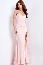 Light pink prom gown with high slit and sparkle details