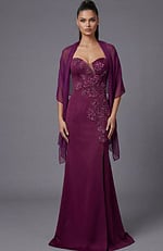 Front view of strapless evening gown with detailed beadwork and long skirt