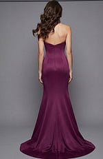 Back view of strapless fitted gown with smooth silhouette and flowing hem