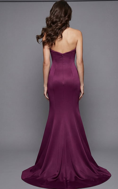 Back view of strapless fitted gown with smooth silhouette and flowing hem