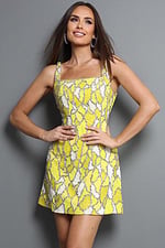 yellow white sheath mini dress with square neck wide strap beaded pattern